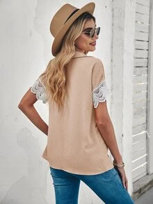 Contrast Guipure Lace Batwing Sleeve Blouse - Apricot - View 2
