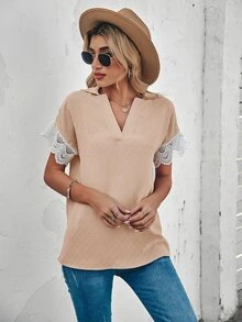 Contrast Guipure Lace Batwing Sleeve Blouse - Apricot - View 3