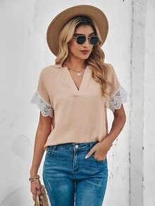 Contrast Guipure Lace Batwing Sleeve Blouse - Apricot - View 4