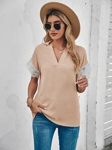 Contrast Guipure Lace Batwing Sleeve Blouse - Apricot - View 5