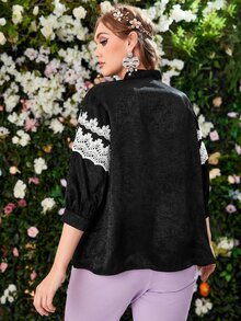 SHEIN Plus Tie Neck Contrast Lace Top - Black - View 2