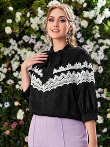 SHEIN Plus Tie Neck Contrast Lace Top - Black - View 4