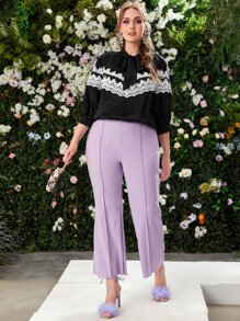 SHEIN Plus Tie Neck Contrast Lace Top - Black - View 5