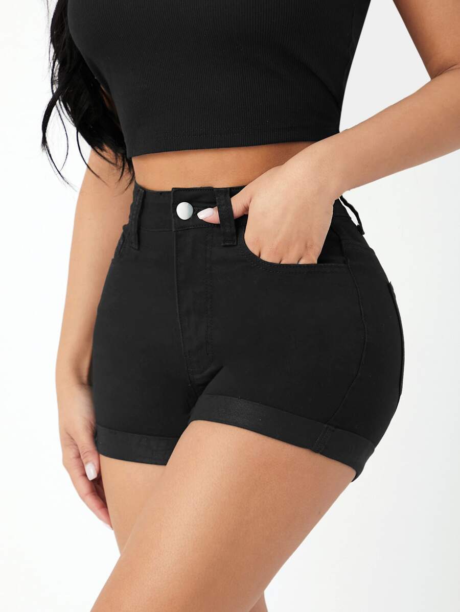 SHEIN PETITE High Waist Roll Up Hem Denim Shorts - Black - View 1