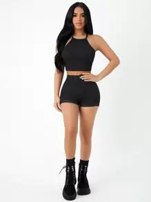 SHEIN PETITE High Waist Roll Up Hem Denim Shorts - Black - View 2