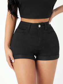 SHEIN PETITE High Waist Roll Up Hem Denim Shorts - Black - View 3