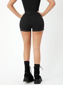 SHEIN PETITE High Waist Roll Up Hem Denim Shorts - Black - View 4