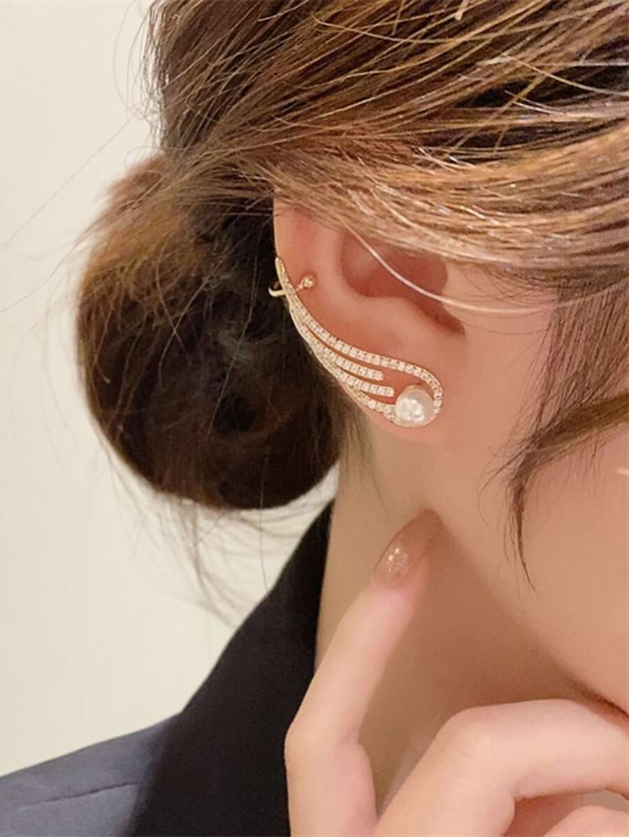 1入組方晶鋯石翅膀裝飾耳環 - 金黃色 - 查看 1