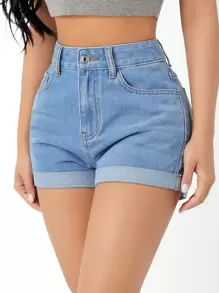 SHEIN PETITE 卷邊牛仔短褲 - 淺色水洗藍 - 查看 1