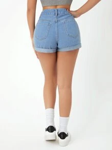 SHEIN PETITE 卷邊牛仔短褲 - 淺色水洗藍 - 查看 2