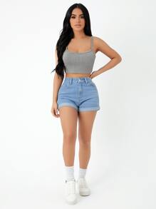 SHEIN PETITE 卷邊牛仔短褲 - 淺色水洗藍 - 查看 3