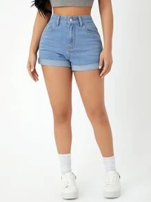 SHEIN PETITE 卷邊牛仔短褲 - 淺色水洗藍 - 查看 4