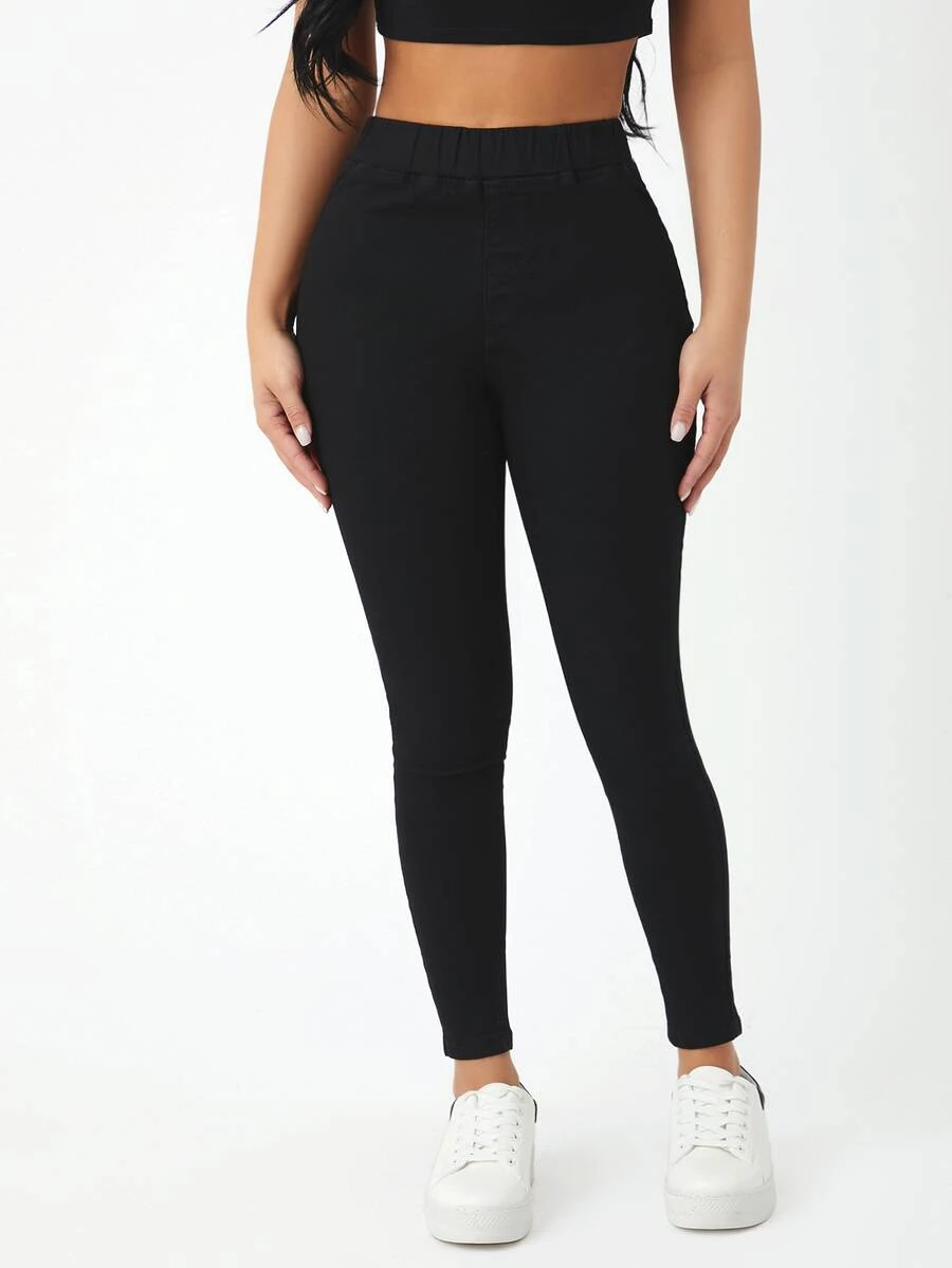 SHEIN PETITE 高腰緊身牛仔褲 - 黑色 - 查看 1