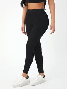 SHEIN PETITE 高腰緊身牛仔褲 - 黑色 - 查看 2