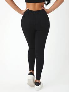 SHEIN PETITE 高腰緊身牛仔褲 - 黑色 - 查看 3