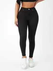 SHEIN PETITE Slant Pocket Skinny Jeans - Black - View 1