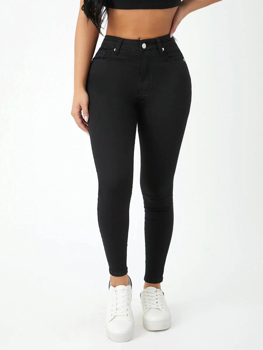 SHEIN PETITE Slant Pocket Skinny Jeans - Black - View 1