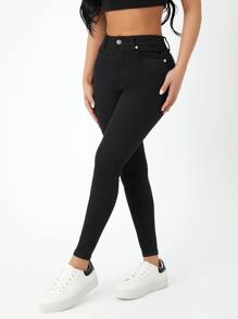 SHEIN PETITE Slant Pocket Skinny Jeans - Black - View 3