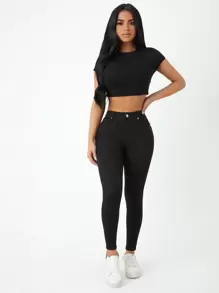 SHEIN PETITE Slant Pocket Skinny Jeans - Black - View 4