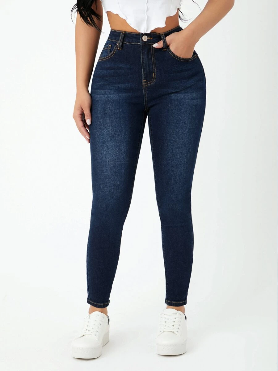 SHEIN PETITE 高腰緊身牛仔褲 - 深色水洗藍 - 查看 1