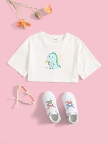 SHEIN Girls Cartoon Graphic Drop Shoulder Crop Tee - White - View 1