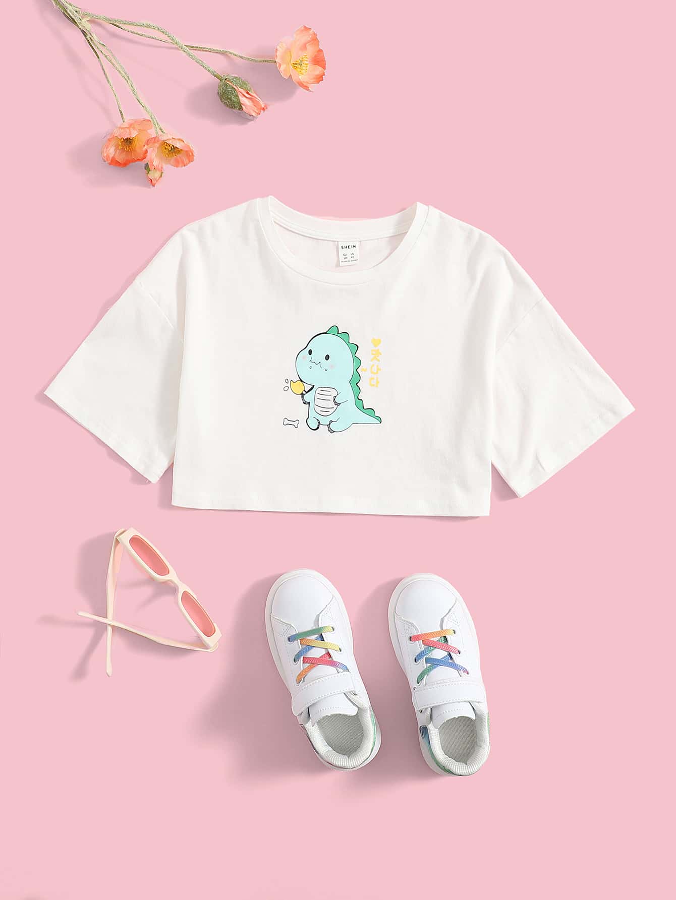 SHEIN Girls Cartoon Graphic Drop Shoulder Crop Tee - White - View 1