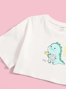 SHEIN Girls Cartoon Graphic Drop Shoulder Crop Tee - White - View 4