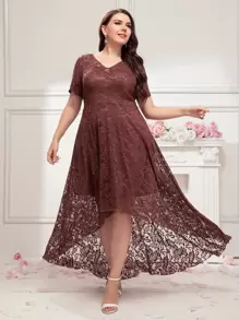 SHEIN Belle Plus High Low Zip Back Lace Bridesmaid Dress - Redwood - View 1