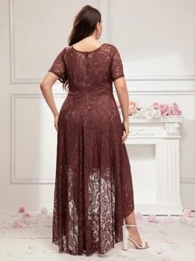 SHEIN Belle Plus High Low Zip Back Lace Bridesmaid Dress - Redwood - View 2