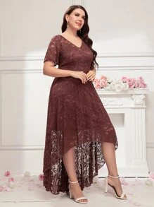 SHEIN Belle Plus High Low Zip Back Lace Bridesmaid Dress - Redwood - View 3