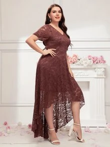 SHEIN Belle Plus High Low Zip Back Lace Bridesmaid Dress - Redwood - View 4