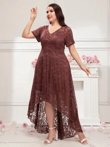 SHEIN Belle Plus High Low Zip Back Lace Bridesmaid Dress - Redwood - View 5