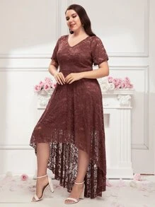 SHEIN Belle Plus High Low Zip Back Lace Bridesmaid Dress - Redwood - View 6