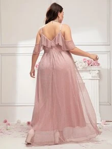 SHEIN Belle Vestido de dama de honor ribete con fruncido con diseño de diamante de imitación de malla - Rosa - Ver 2