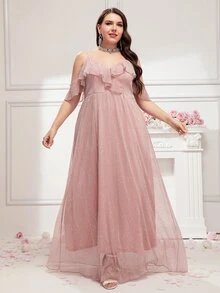 SHEIN Belle Vestido de dama de honor ribete con fruncido con diseño de diamante de imitación de malla - Rosa - Ver 4