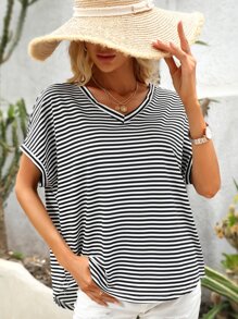 Striped Print Batwing Sleeve Blouse - Black and White - View 6
