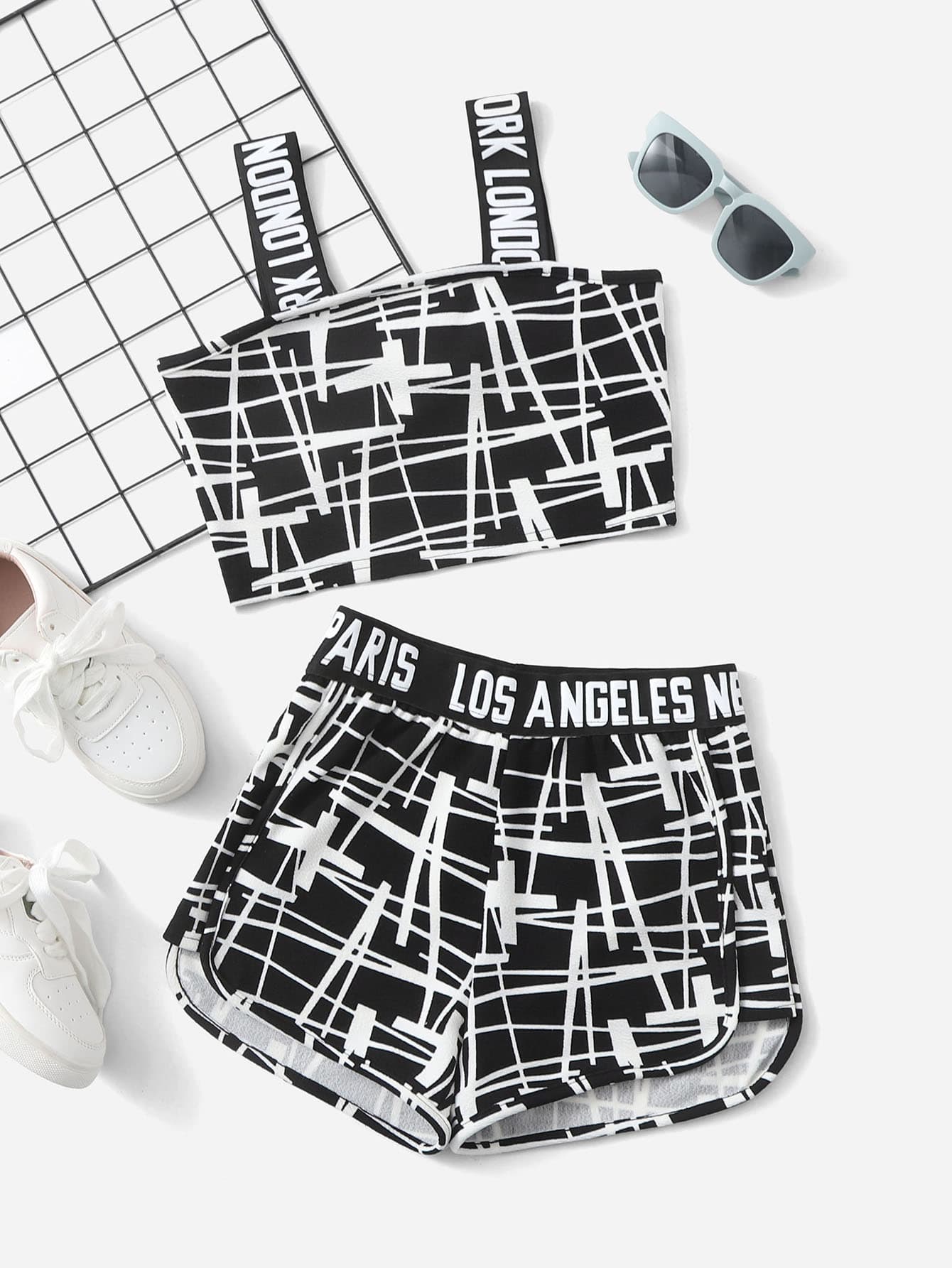 SHEIN Girls Geo Print Top and Letter Taped Track Shorts Set - Black and White - View 1