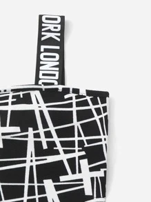 SHEIN Girls Geo Print Top and Letter Taped Track Shorts Set - Black and White - View 3