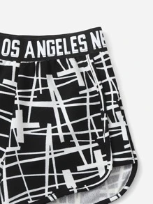 SHEIN Girls Geo Print Top and Letter Taped Track Shorts Set - Black and White - View 4