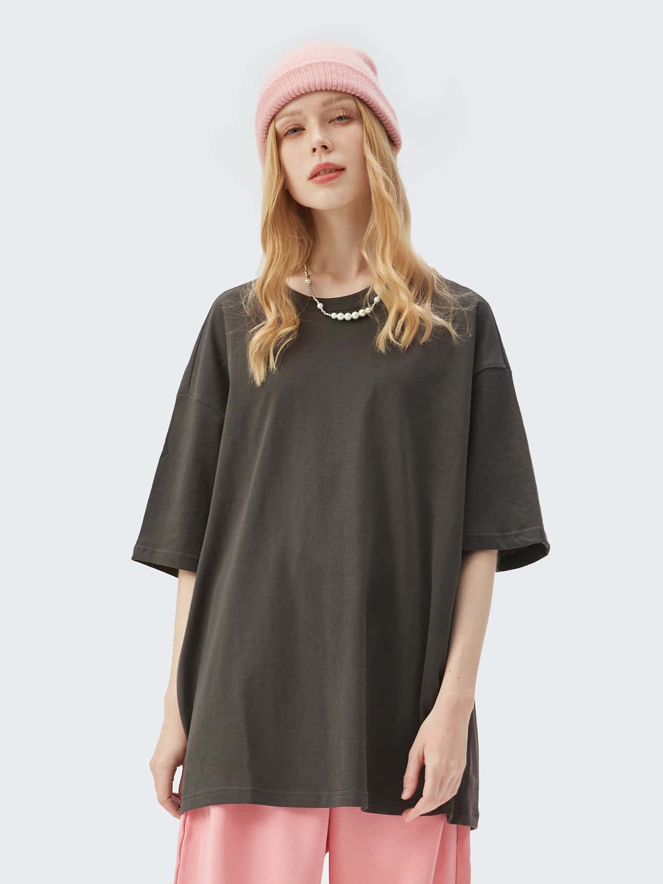 1入組素色落肩T恤 - 深灰色 - 查看 1