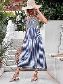Boho Gestreept Jurk Ruches Geknoopt Gefronst