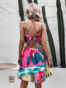 Bird & Tropical Print Knot Back Cami Dress - Multicolor - View 2