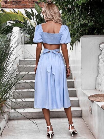 パフスリーブ タイバック シャーリングドレス