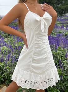 SHEIN Unity Đầm Lộ Lưng Hội Chữ thập Xù Sò điệp Dây kéo Thắt nơ trước Tranh thêu màu trơn Boho - trắng - Xem 3