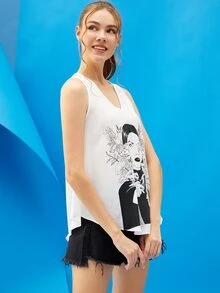 Sivan Karim 弧形下擺花卉圖案和人像圖案背心上衣 - 白色 - 查看 3