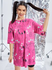 Elenapugger Drop Shoulder Cartoon & Floral Print Tee - Multicolor - View 1