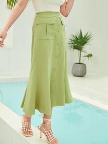 Mulvari Váy nữ Túi Nút phía trước màu trơn Thanh lịch - Màu xanh chanh - Xem 3