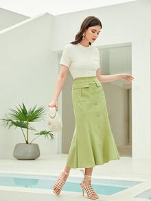 Mulvari Váy nữ Túi Nút phía trước màu trơn Thanh lịch - Màu xanh chanh - Xem 4