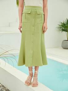 Mulvari Váy nữ Túi Nút phía trước màu trơn Thanh lịch - Màu xanh chanh - Xem 5