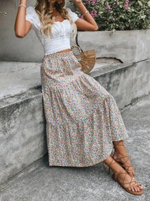 Breezaya Falda con estampado floral bajo con fruncido - Multicolor - Ver 4